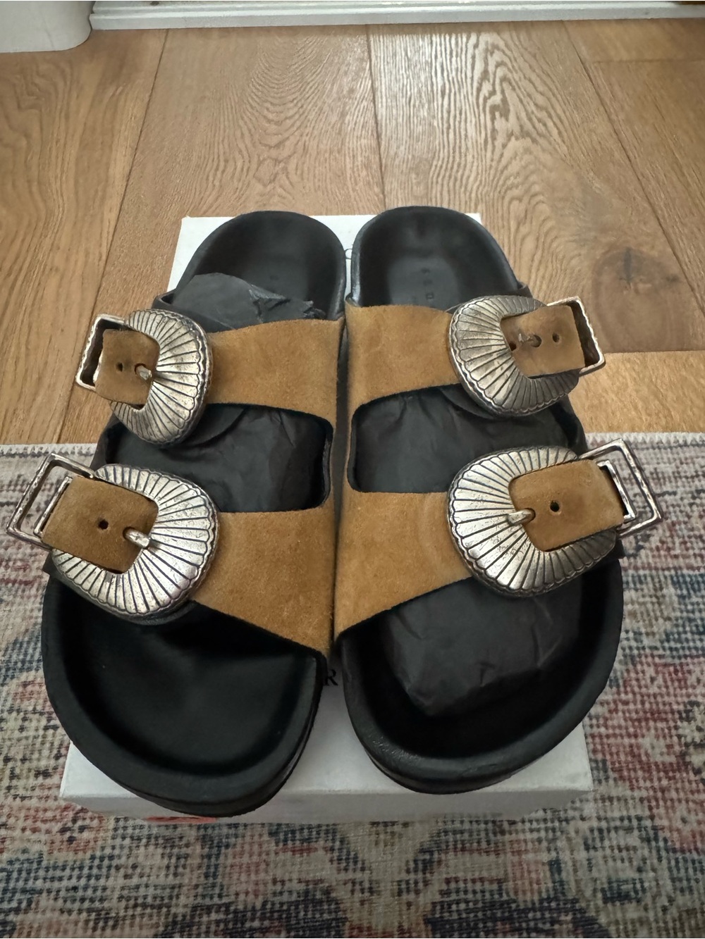 Sandro Suede Double-Buckle Slide Sandals in Camel with Silver Buckles